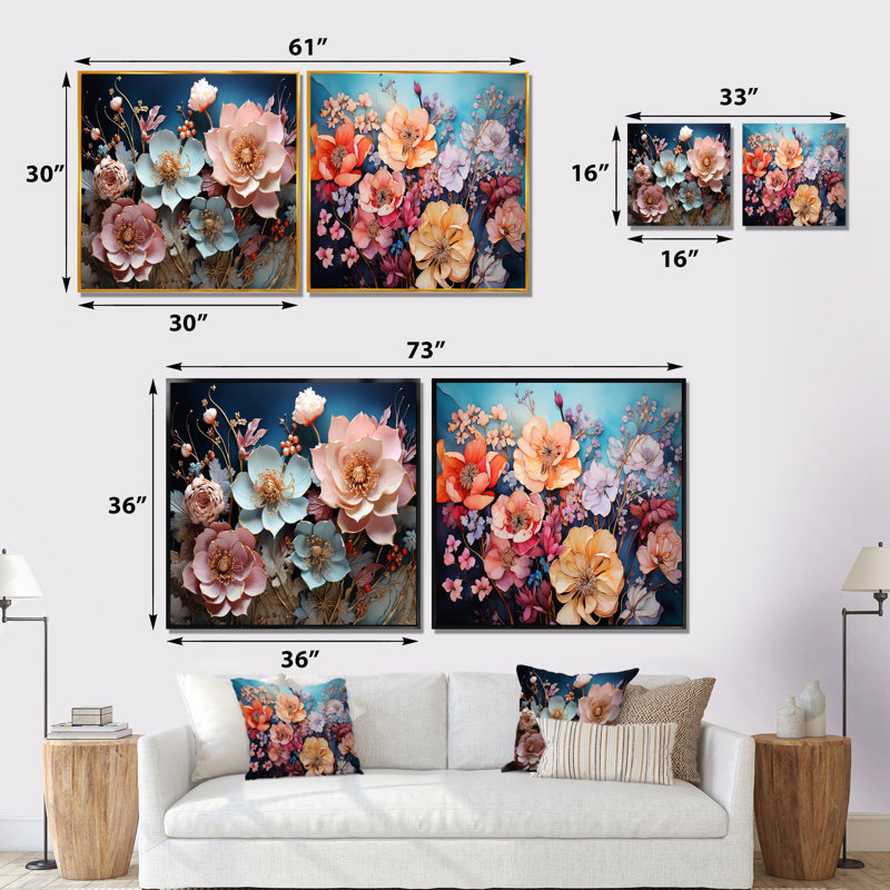 Mauve et corail - fleurs mystiques - ensemble de 2 collages carrés botaniques abstraits, Cadre flottant noir