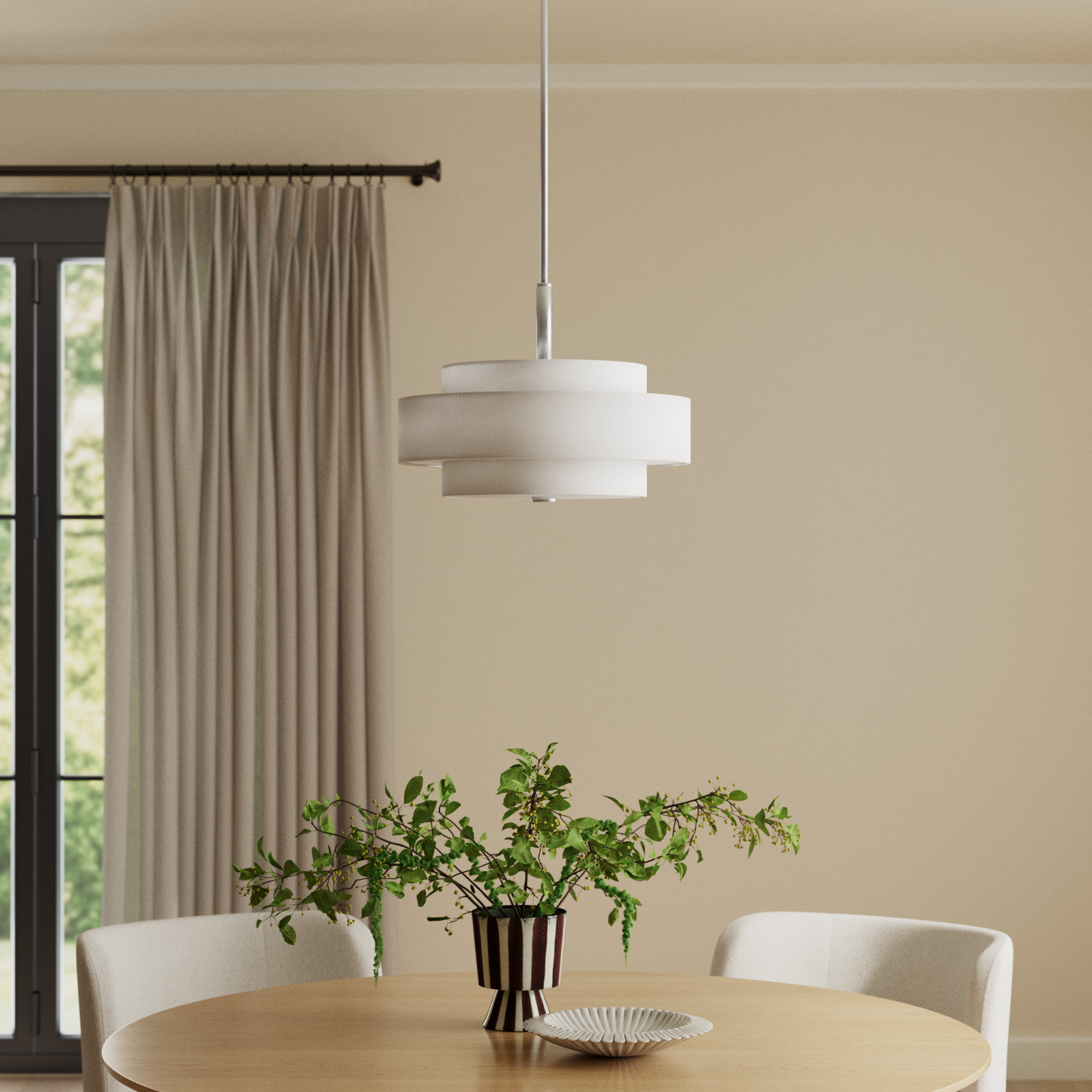Flaire 4 - Light Steel Dimmable Drum Chandelier, Brushed Nickel, Off-White