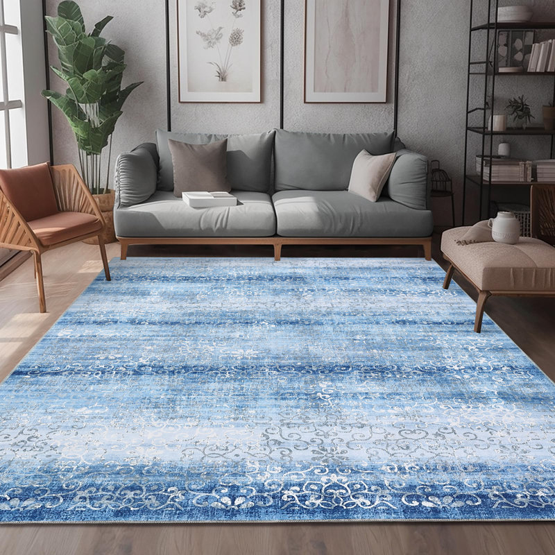Machine Washable Rugs Ombre Design Non-Slip Low Pile Rubber Backing Modern Floral Area Rug for Living Room Bedroom Kitchen Dining Room and Bedside Decor