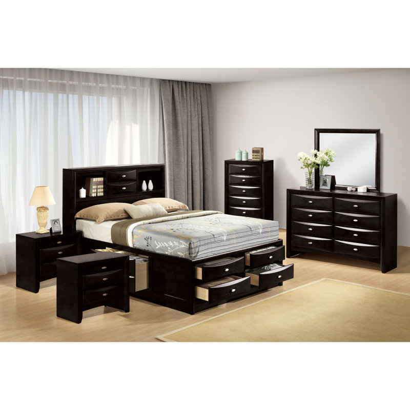 Ensemble de chambre Urbanek, Très grand, Black, 6 Pcs: Bed,2 Nightstands, Chest, Dreser,Mirror