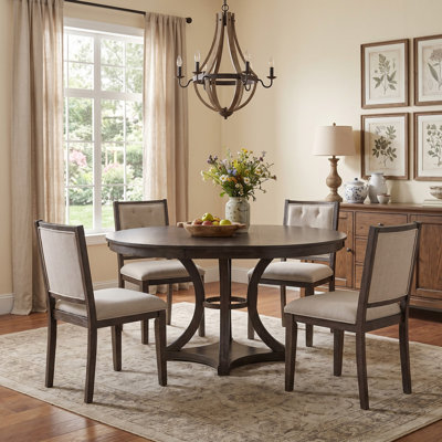 5-Piece Retro Dining Table Set, Solid Wood Dining Set with Round Extendable Table and 4 Upholstered Dining Chairs for Dining Room and Kitchen