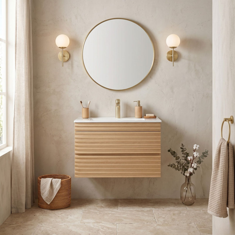 Meuble-lavabo simple flottant moderne 30 po avec tiroirs à grain de bois rainuré et cuve en céramique, 30"