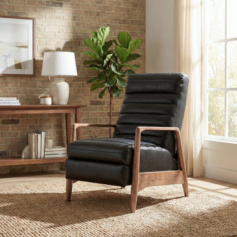 Fauteuil inclinable 28 po Mid-Century, Cuir véritable noir