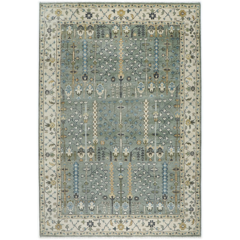 Tapis transitionnel beige en laine noué à la main 9 pi 11 po x 14 pi 1 po Oushak, Beige, Rectangle 9 pi 10 po x 14 pi