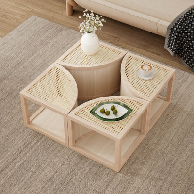 Round To Square Block Modular Coffee Table  Rattan With Storage 4 Piece