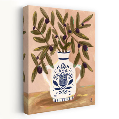 Olive, branches dans un pot, peinture abstraite, plante florale, art mural