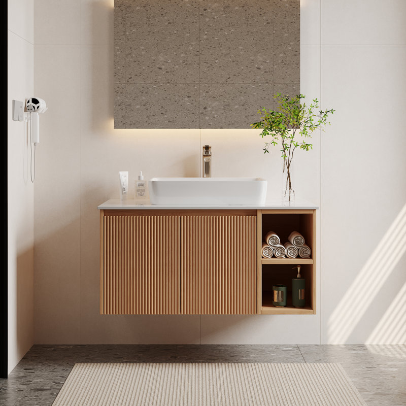 Meuble-lavabo simple avec comptoir en pierre frittée Dexheart, Bois clair, 30"