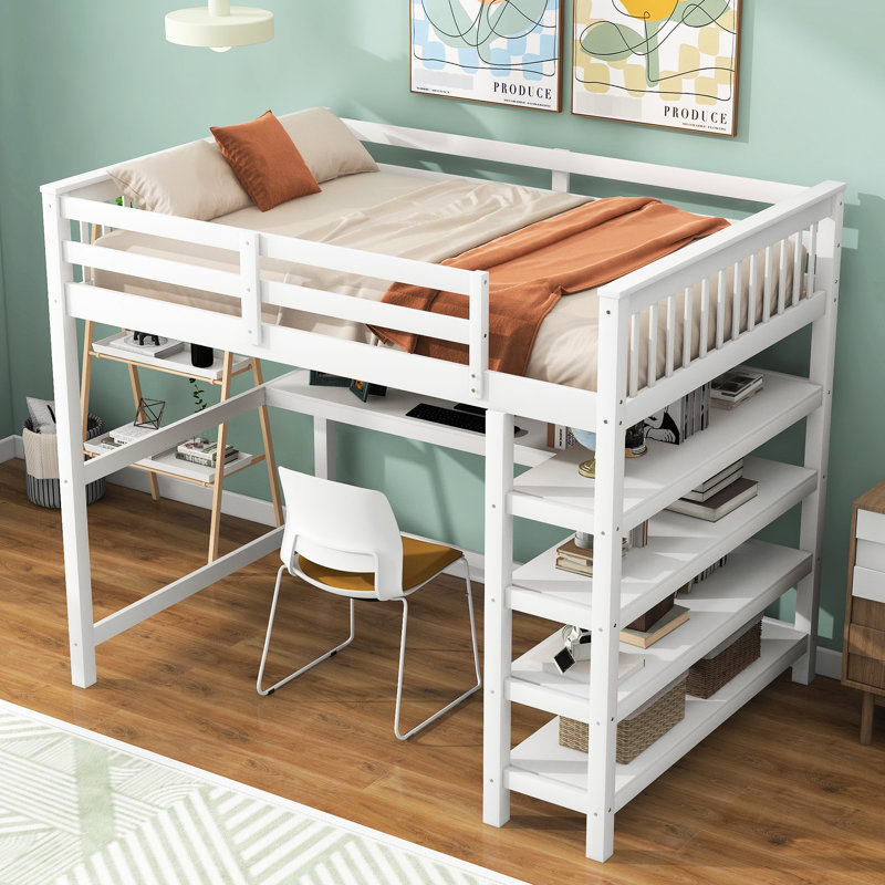 Lit mezzanine double blanc avec bureau polyvalent et solutions de rangement classiques