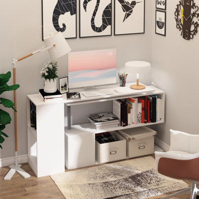 Bureau d'angle pivotant en L de 140 cm (55 po), bureau moderne avec étagères, blanc, gain de place pour chambre, salon, bureau d'angle blanc, poste de travail à 3 étagères, dortoir