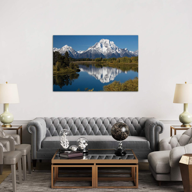 Reflection Of Mountain And Trees On Water, Teton Range, Grand Teton National Park, Wyoming, USA II - Wrapped Canvas Print