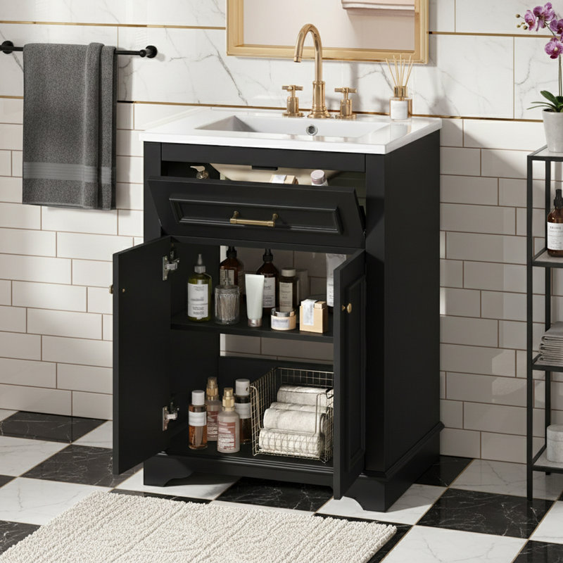 Meuble-lavabo de salle de bain avec lavabo et tiroir basculant, Noir