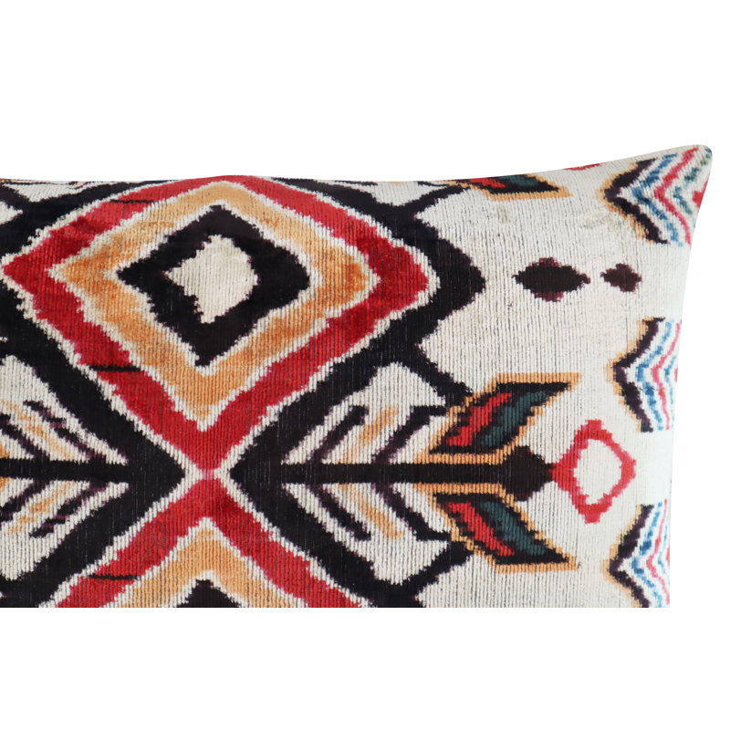 Velvet Lumbar Pillow Cover & Insert, Red/Orange/Beige Geometric 1