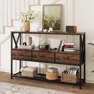Console 47 po avec 3 tiroirs et tablette ouverte, canapé derrière le canapé pour le salon, l'entrée, le couloir, le vestibule, brun rustique