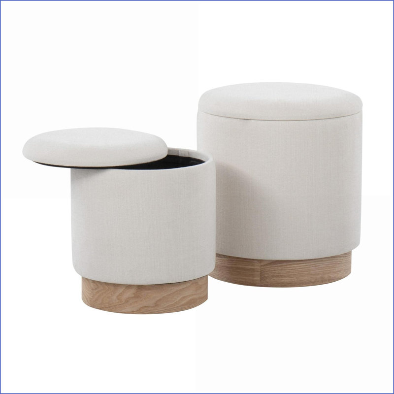 Ensemble de 2 repose-pieds Ottomans, base contemporaine en bois naturel de couleur crème | Noyer brun | Bois naturel