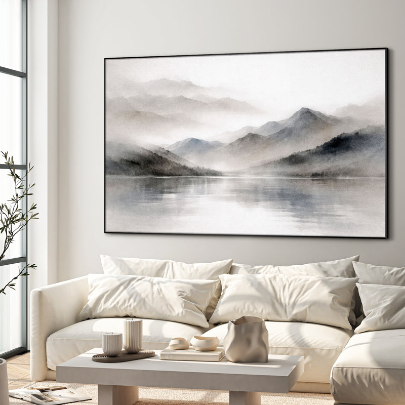 Très grand art mural imprimé sur toile - Paysage de montagne gris brumeux, décor de chambre minimaliste - «Assemblage requis (cadre non fini)»