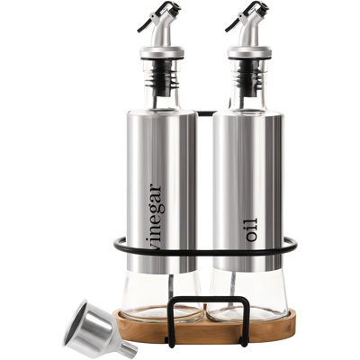 Ensemble de 2 bouteilles d'huile d'olive et de vinaigre avec support et base en bois, distributeur d'huile d'olive en verre 10 oz avec cruches, verseurs et entonnoir pour la cuisine