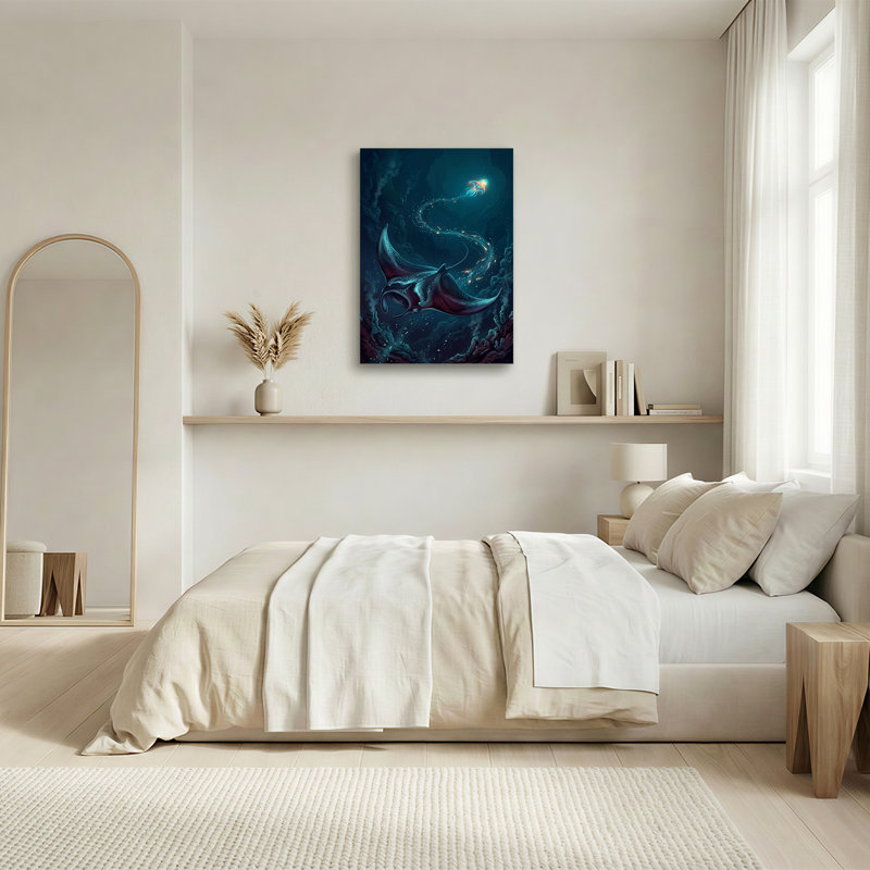 «Manta Ray and Glowing Squid In Deep Blue Cave», art mural sur toile, 24"H x 18"W