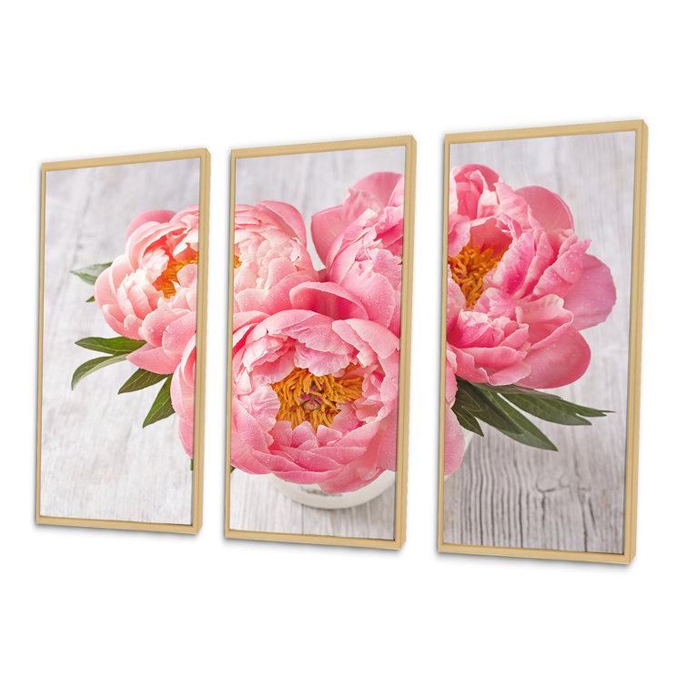 Ebern Designs Peony Flowers On White Floor Framed On Canvas 3 Pieces ...
