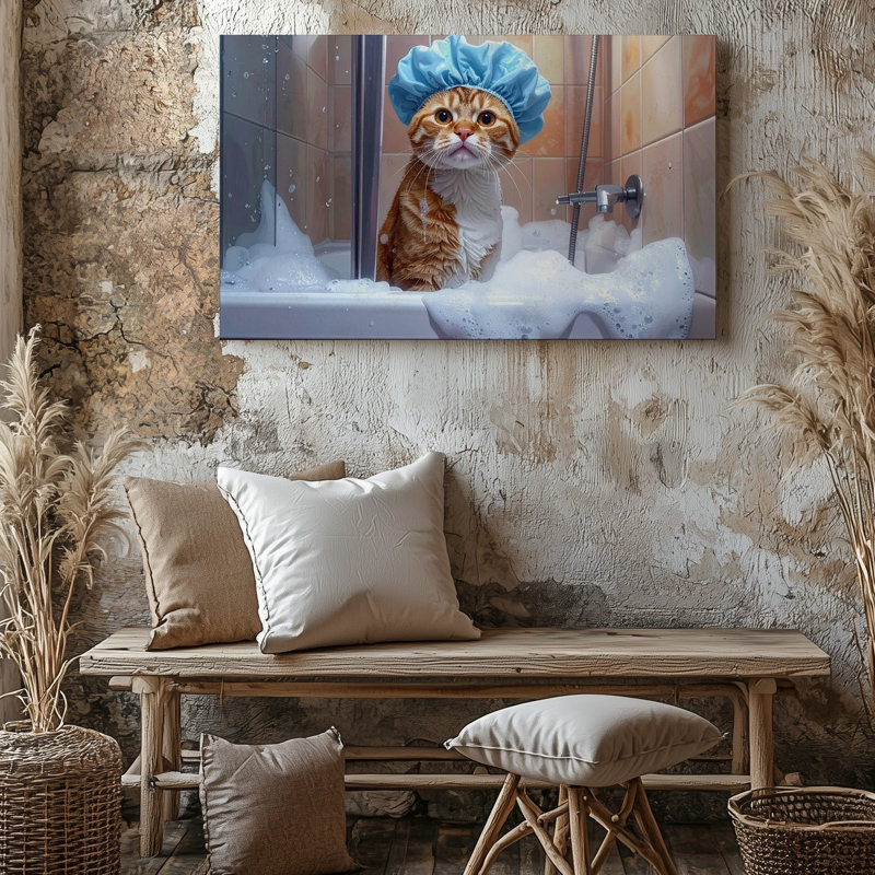 Douche de chat drôle de salle de bain avec capuchon de douche, certaines scènes, art mural sur toile prêt à accrocher
