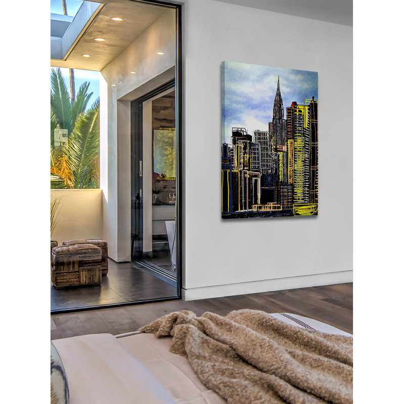 Urban Skyline Nightscape Canvas Print in Blue and Yellow