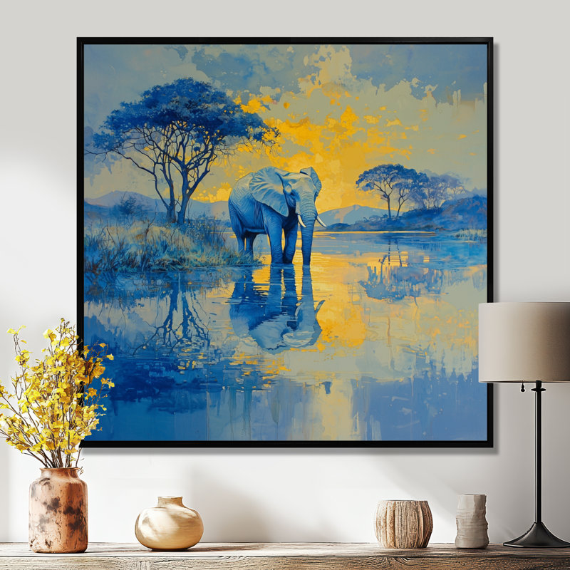 Hance éléphant au bord de l'eau - éléphant, art mural, Impression encadrée flottante, Noir, noir, noir, noir