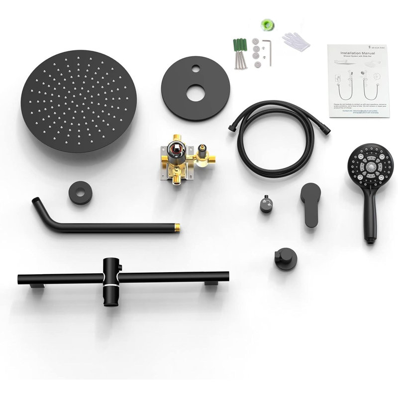 SR SUN RISE 12 Inch Slide Bar Shower System With Rain Shower Head And 6-Spray Handheld Combo, Wall Mounted Dual Shower Faucet With Pressure Balance Valve And Adjustable Slide Bar