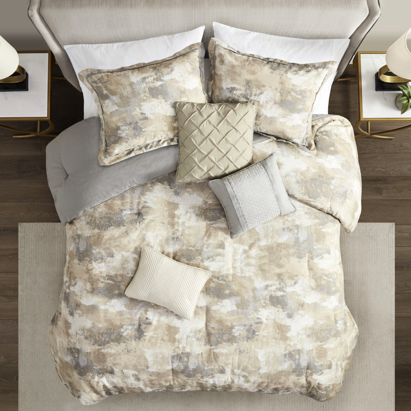 Édredon grand 7 pièces texturé à imprimé abstrait en mélange de coton gris, taupe, crème et gris uni