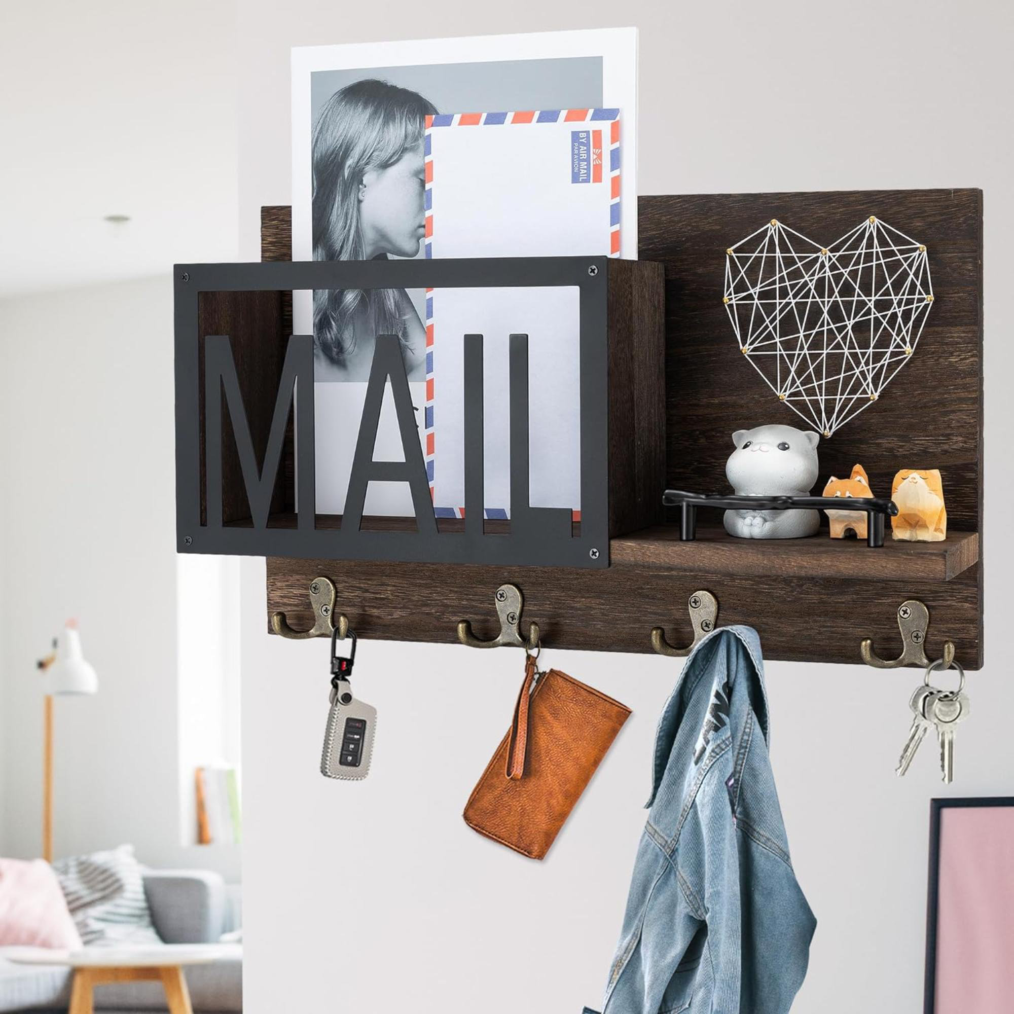 Textiles Hub Mail Organizer Wall Mount With 4 Key Hooks, Key Holder For ...