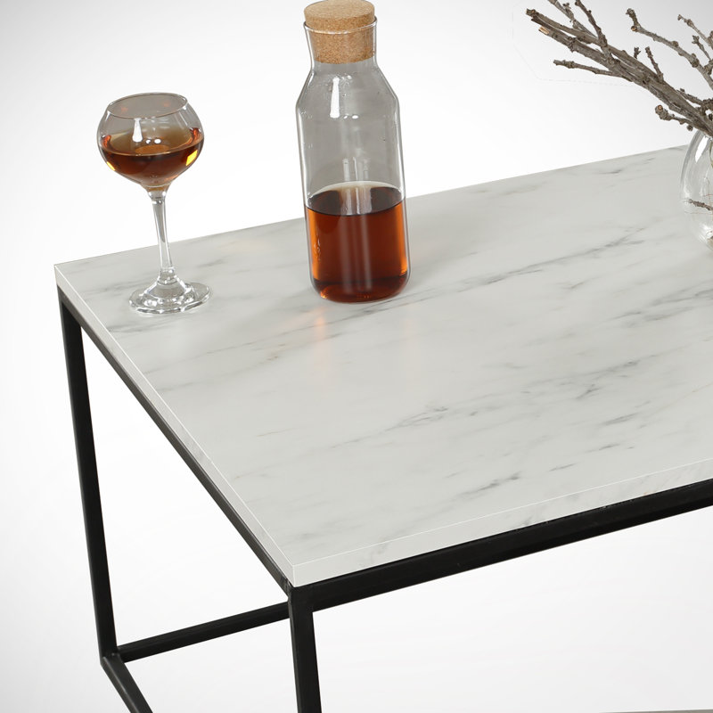 Modern Coffee Table with Marble Design, White & Black, 37.4 x 16.9 x 21.3 inches | 100% Melamine Coated Particle Board, 0.71 inches Thick | Sturdy Electrostatic Powder Coated Metal Legs, Stylish & Functional Decor