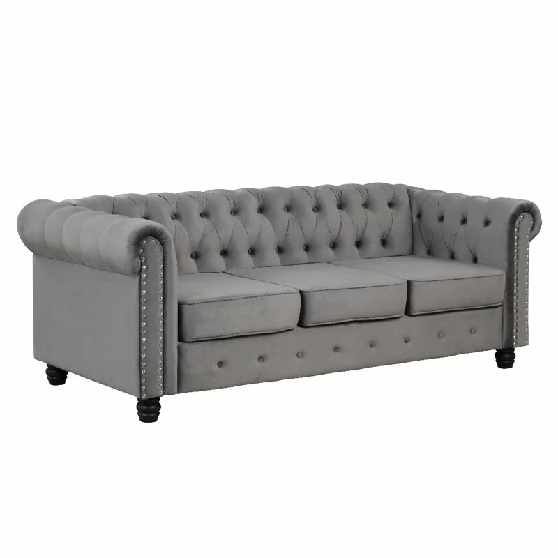 Perry 80" Rolled Arm Chesterfield Sofa, Light Gray Velvet