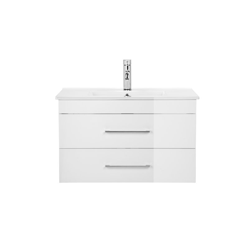 32-Inch Gloss Wall-Mounted Bathroom Vanity with Double Drawers, Ceramic Sink, and Mirror Frame, White
