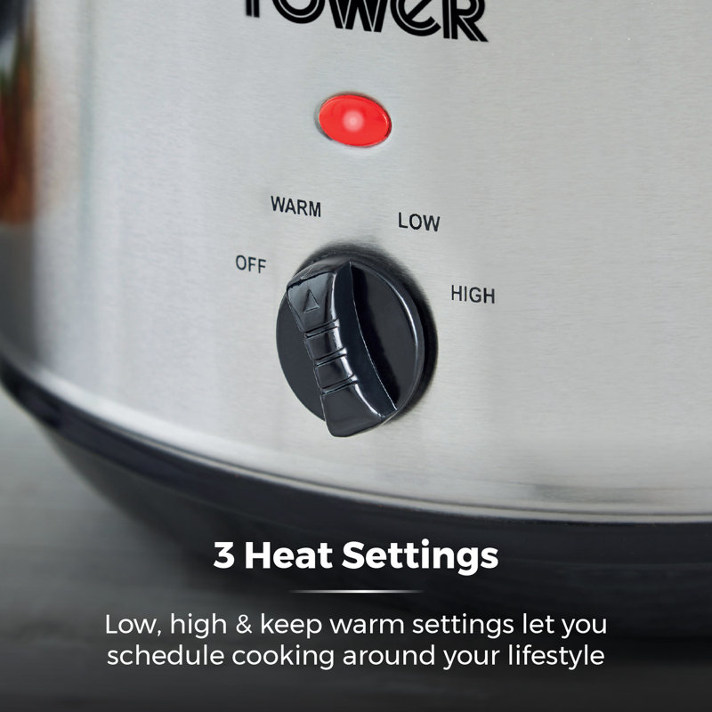 Tower T16040Y Slow Cooker with 3 Heat Settings and Removable Dishwasher Safe Pot, Energy Efficient, Easy to Clean, 6.5 Litre, Stainless Steel