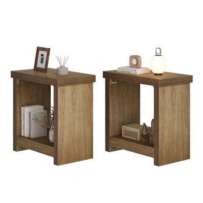 Ensemble de 2 tables de bout pour le salon, tables d'appoint étroites avec tablettes de rangement, table de bout carrée pour la chambre à coucher, tables de chevet minces, table d'appoint rectangulaire Skinny, table de chevet campagnarde, brun