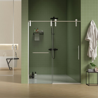 Porte de douche sans cadre l 56 à 60 po x H 70 po, porte de douche coulissante, cabine de douche en verre trempé épais de 5/16 po (8 mm) de qualité supérieure avec barre à serviettes, couche facile à nettoyer double face, finition nickel brossé avec tampon