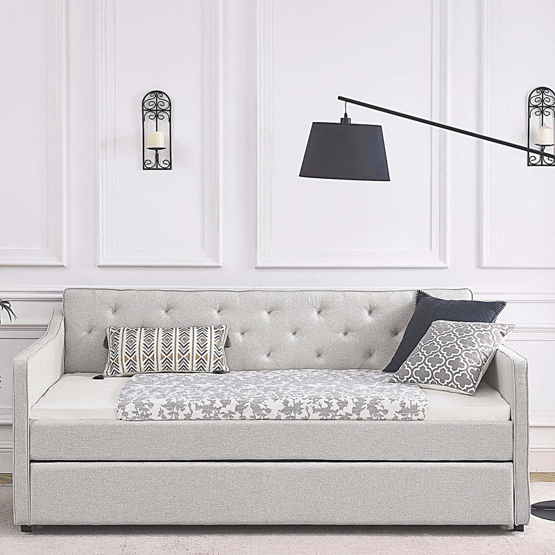 Twin Size Daybed with Twin Size Trundle, Upholstered Tufted Sofa Bed, Beige