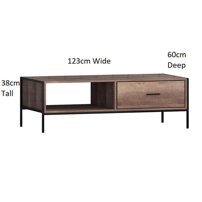 Esteban 1 Drawer Coffee Table With Open Shelf. Industrial Style. Black Metal Frame.
