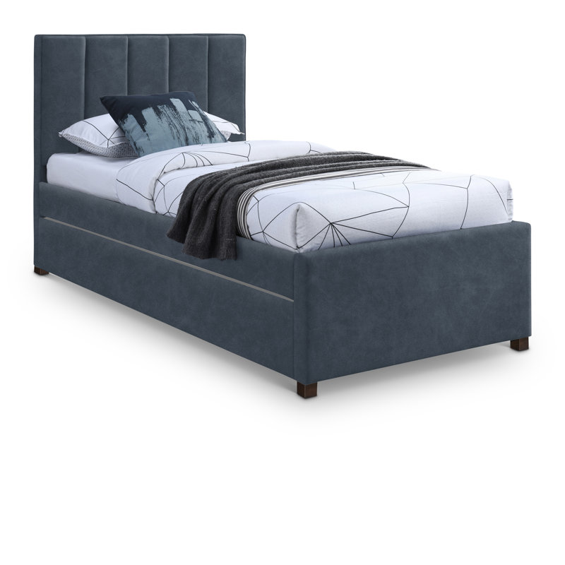 Lit plateforme tapissier Glowacki, Bleu marine en cuir végétalien