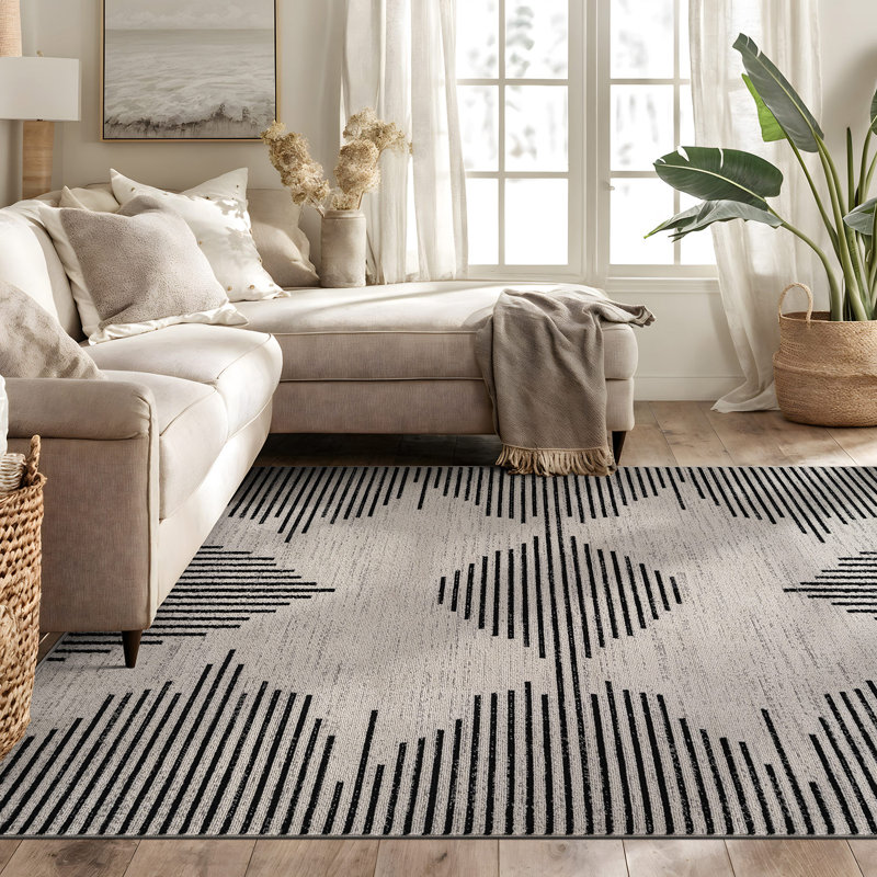 Modern Abstract Area Rug Minimal Contemporary Design, Cream/Black, Rectangle 5' x 7'