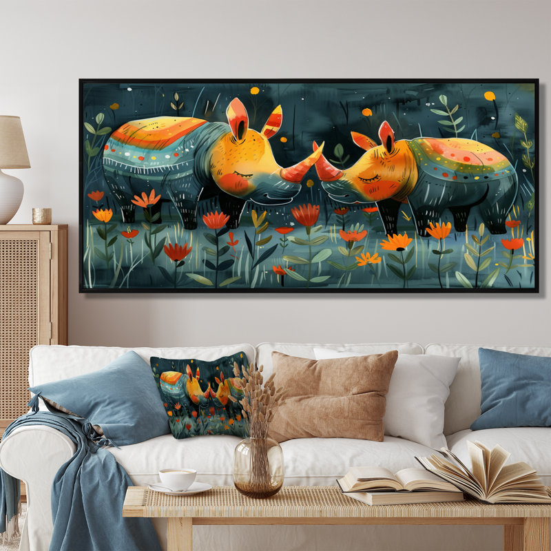 Terrina - Rhinocéros, art mural animal, Cadre flottant noir, H 28 po x l 60 po