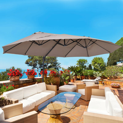 Très grand parasol de marché extérieur double face 14 pi avec manivelle, base transversale pour terrasse, pelouse, cour et piscine