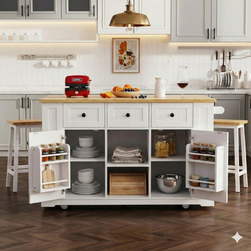 Grand îlot de cuisine de 53 pouces avec plateau rabattable, prise de courant intégrée, support de rangement pour porte intérieure, chariot à roulettes à 5 roulettes, 5 compartiments de rangement latéraux ouverts - convient pour la cuisine et la salle à manger, fini blanc (tabourets de bar non inclus)