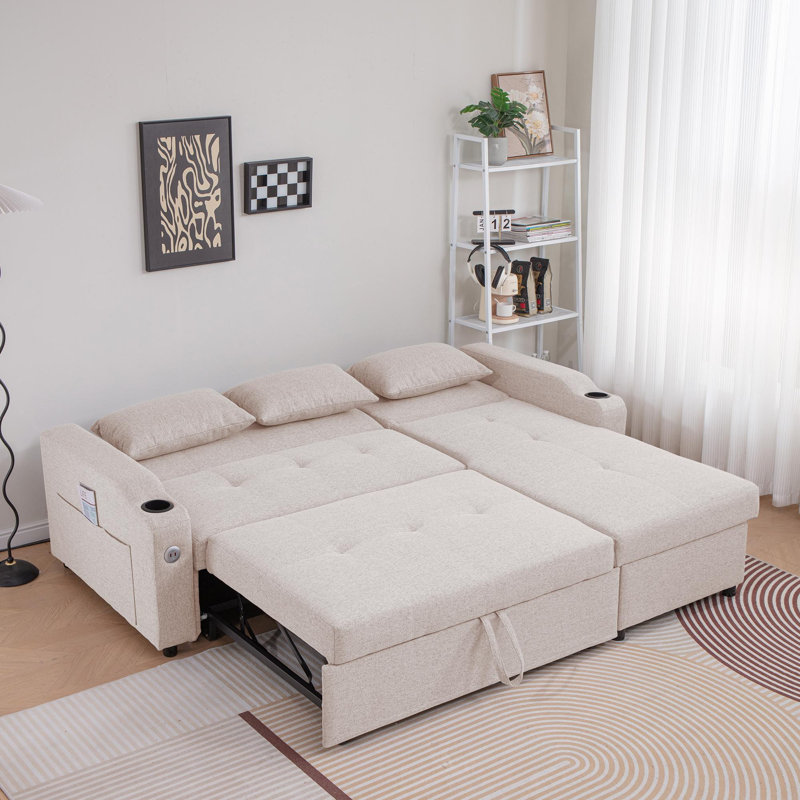 Canapé-lit, canapé-lit en L avec ports USB et porte-gobelets 84,00 po Conleth, Tissu beige