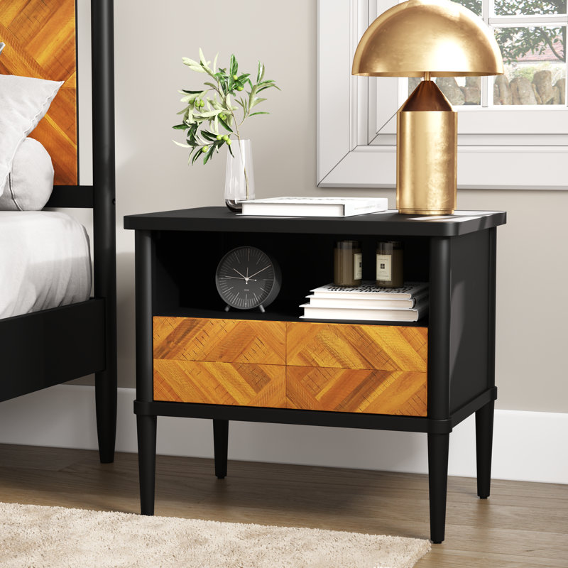 Cartlin Mid-Century Solid Wood Nightstand with Chevron Front & Open Shelf - Acacia, Mystic Finish, Teak
