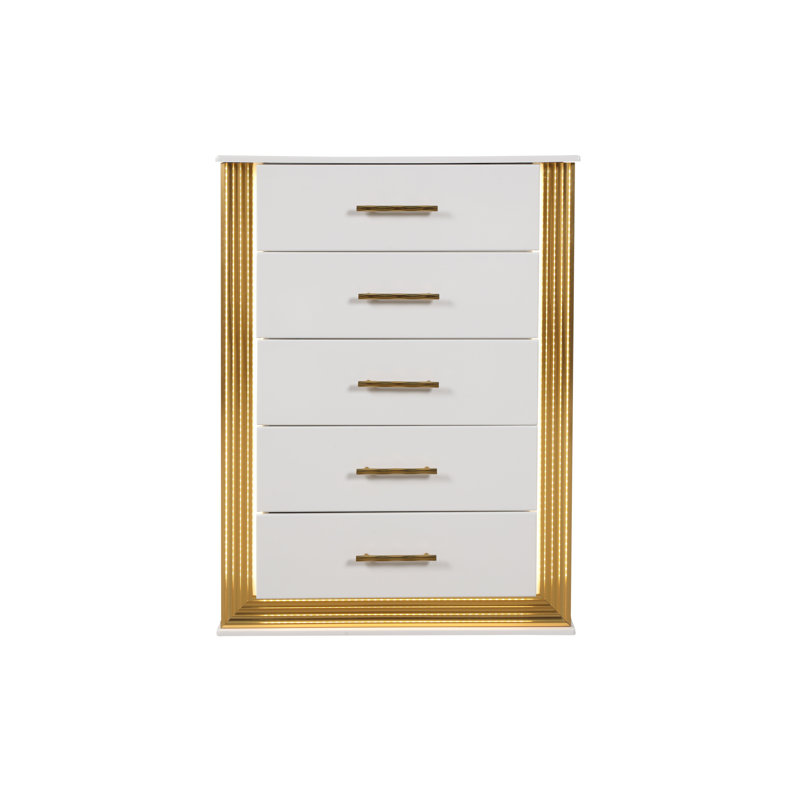 Commode 5 tiroirs Obsession contemporaine - Commode en bois blanc avec lumières DEL, mobilier de rangement moderne