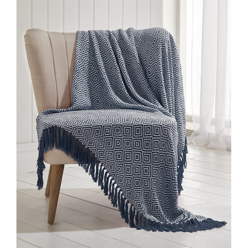 Laoise Throw Blanket with Tassel Trim, 180 x 250cm Blanket, Navy