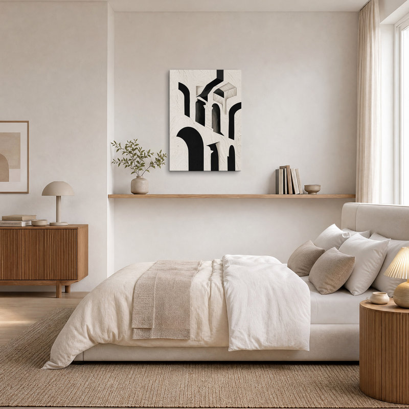 Formes noires abstraites sur fond blanc texturé, tableau mural sur toile, H 48 po x l 32 po