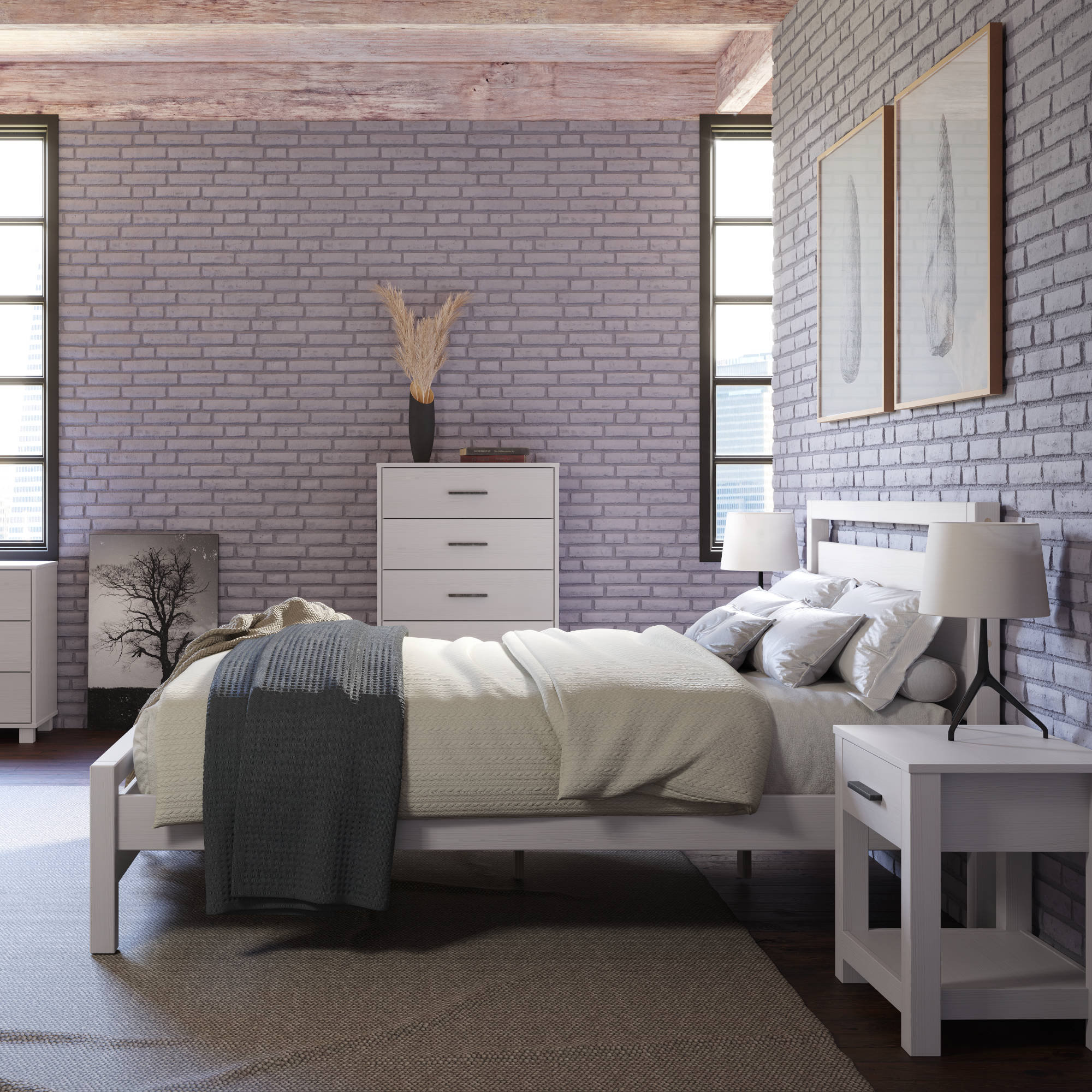 Loft Solid Wood Panel Bed, Brushed White, Full
