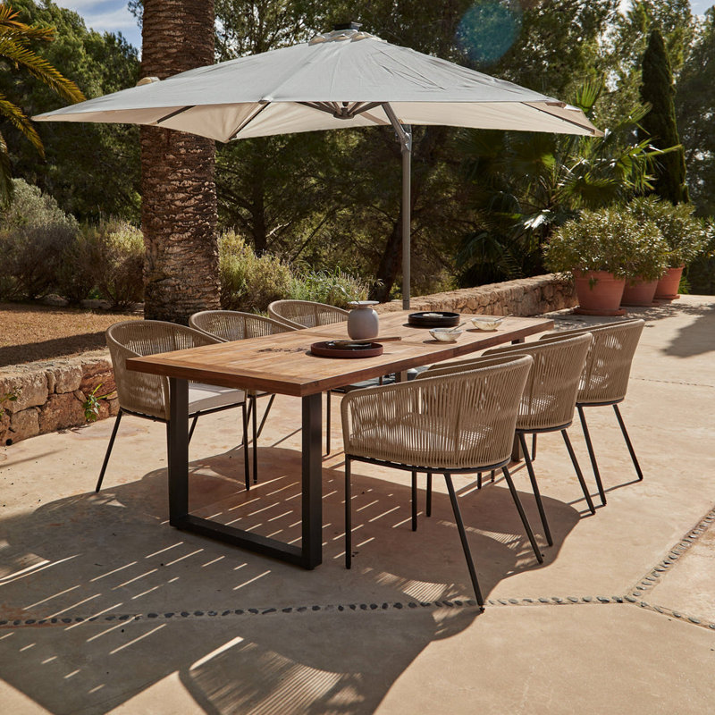 Fabiano Rectangular Dining Set with Cushions and Umbrella, Natural with Cream Parasol, 7 Pieces: Table, 6 Chairs