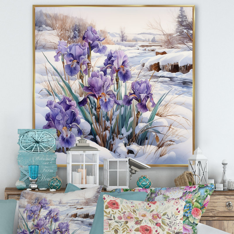 Mauve iris mauve en hiver II sur toile, Cadre flottant doré, H 36 po x l 36 po x P 1,5 po