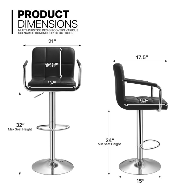 Faux Leather Adjustable Height Bar Stools, Swivel Counter Height Barstools Dining Chair with Armrest, Black